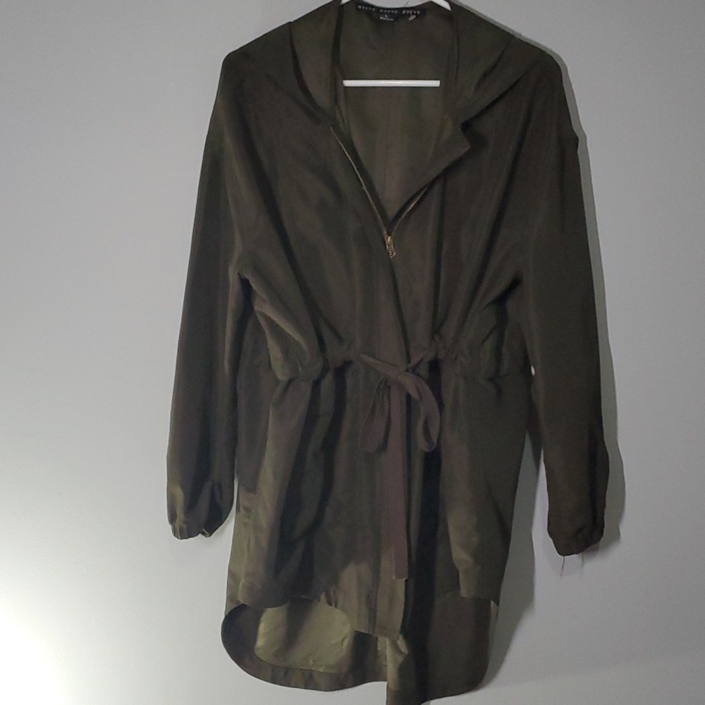 Hyfve jacket women's size large green long modest zippered fabric hooded cinch